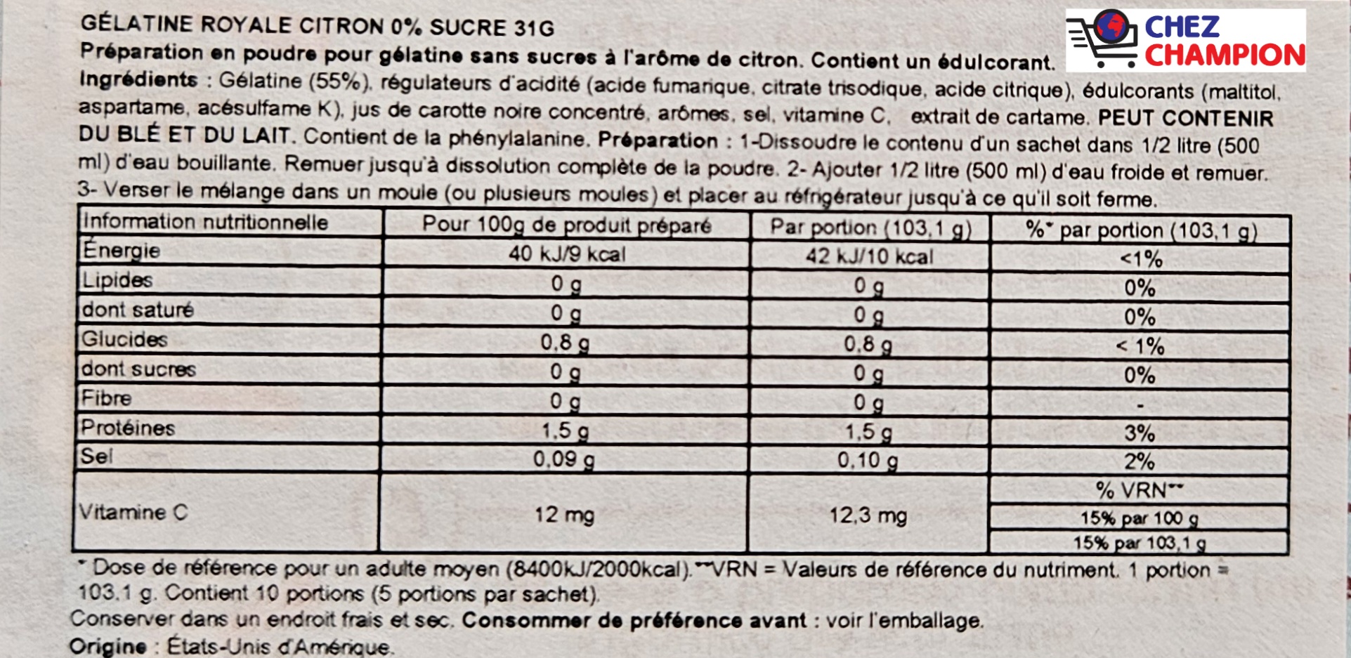 Royal gelatina sabor limao 0% acucares – gélatine au goût de citron sans sucre – 31g