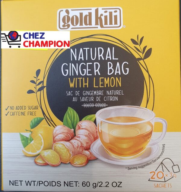 Gold kili natural ginger bag with lemon no added sugar – sac de gingembre naturel à la saveur de citron sans sucre – 20x3g – 60g