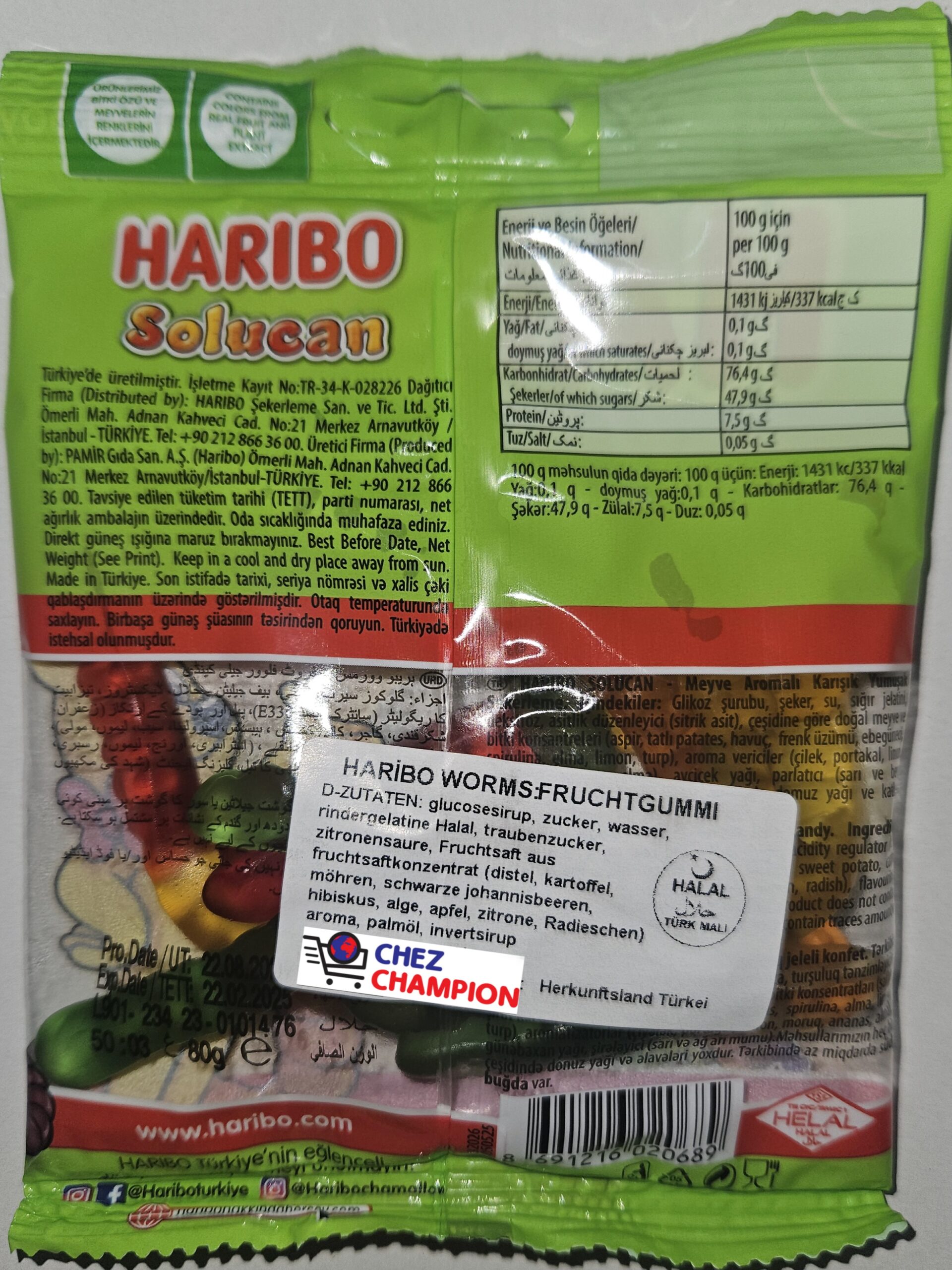 Haribo solucan halal – bonbons ver de terre – Wurms fruchtgummi – 80g