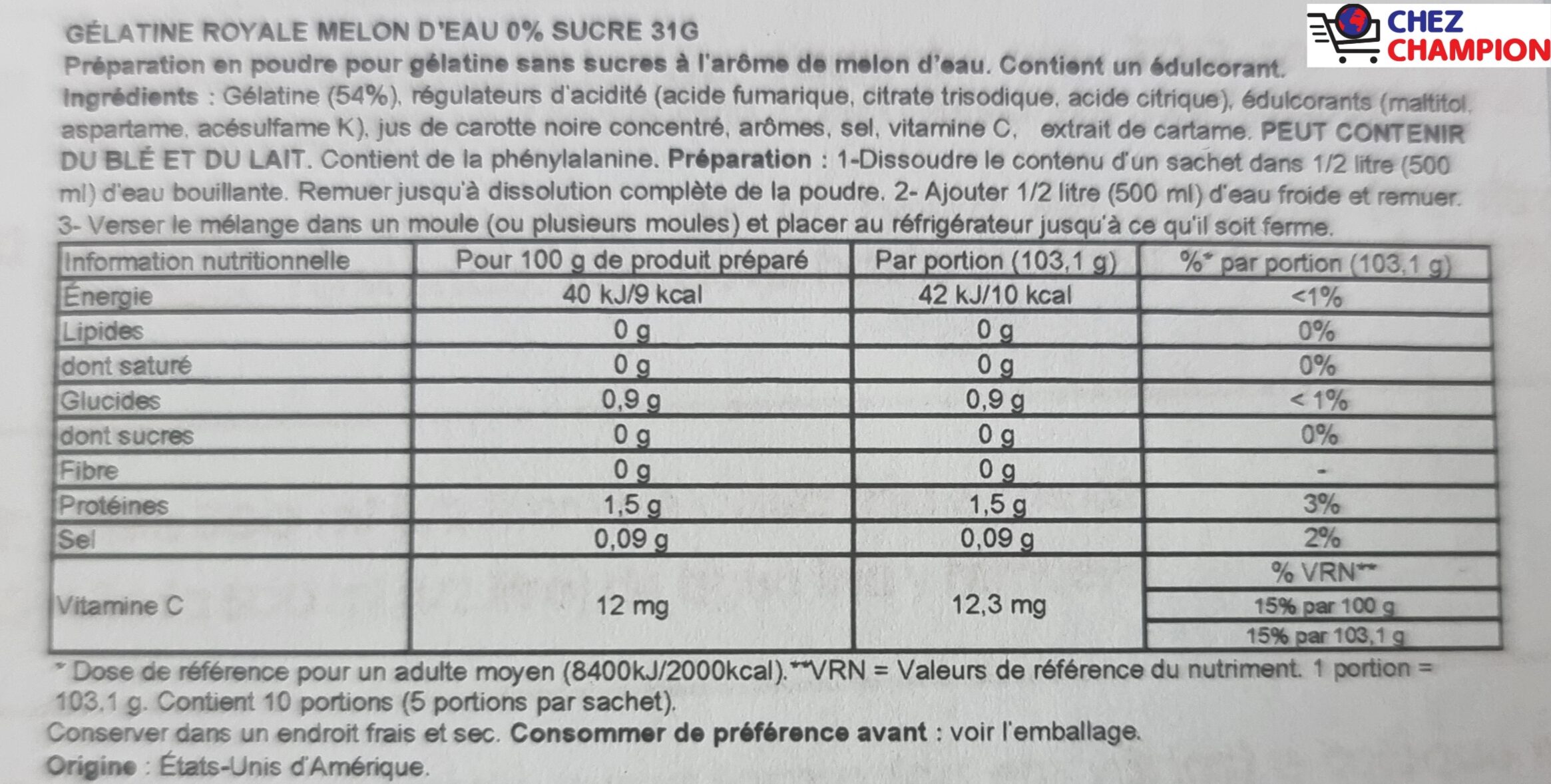 Royal gelatina sabor melancia 0% acucares – gélatine au goût de pasthèque sans sucre – 31g