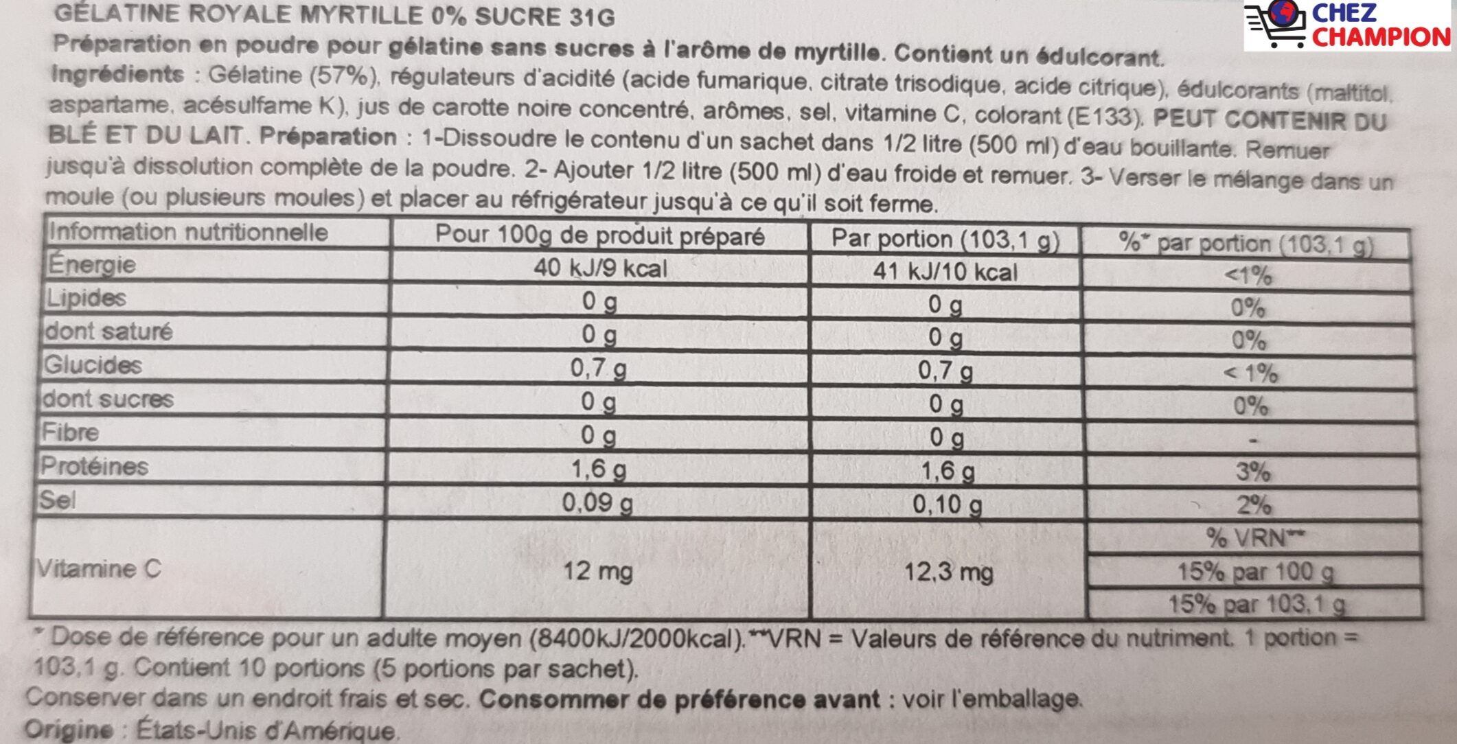 Royal gelatina sabor mirtilo arandano 0% acucares – gélatine au goût de myrtilles sans sucre – 31g