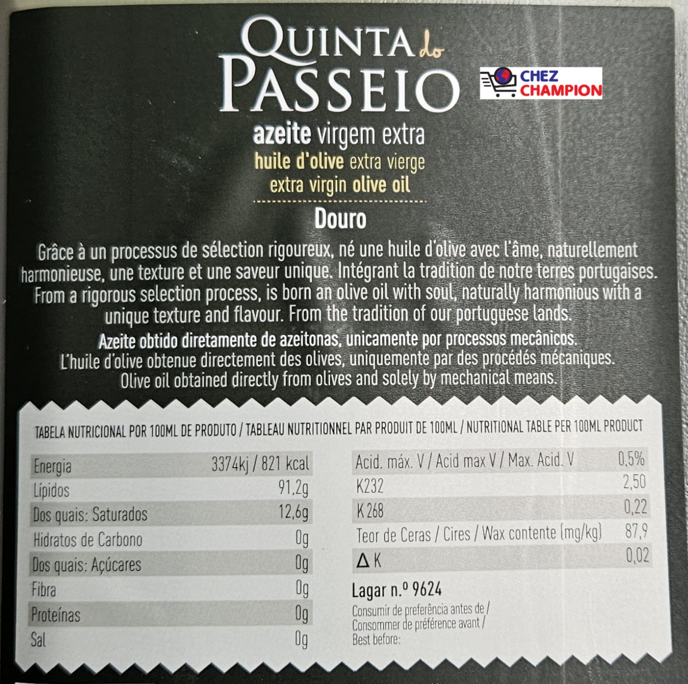 Quinta do passeio azeite virgem extra douro – huile d’olive extra vierge – 2l