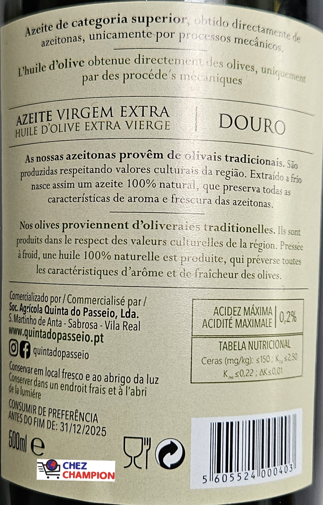 Quinta do passeio azeite virgem extra douro – huile d’olive extra vierge – 500ml